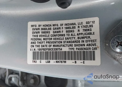2012 Honda Civic Lx из США, поврежденный, VIN 19XFB2F59CE338754